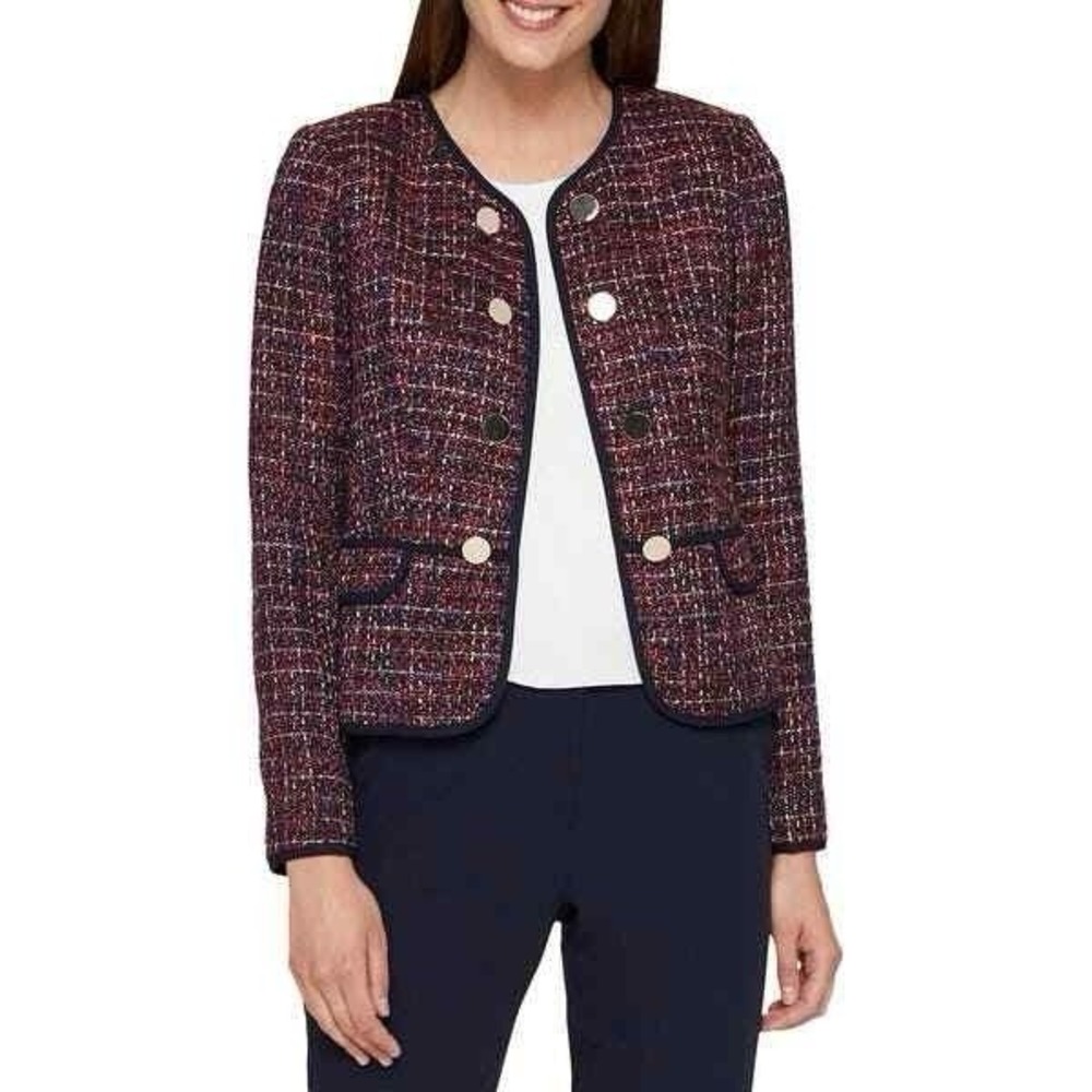 Tommy Hilfiger Women's 8 Tweed Open Blazer Jacket Navy Red Classic Long Sleeve
